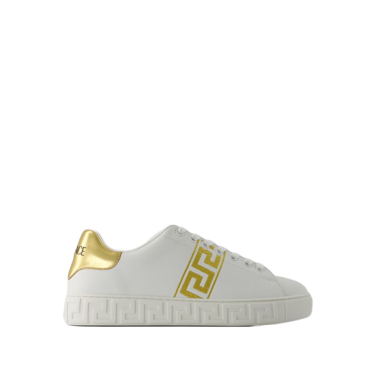 Shop Versace La Greca Sneakers - Embroidery - White/gold In Grey