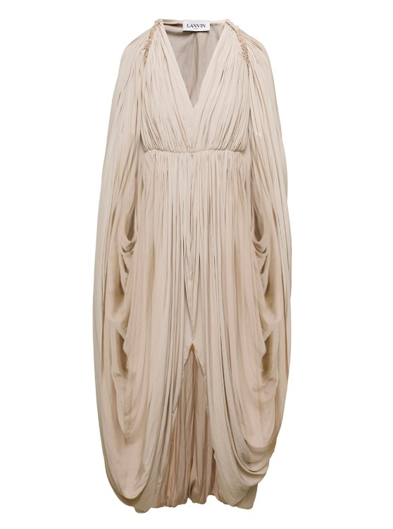Shop Lanvin Long Beige Cape Drape Dress In Polyester In Neutrals