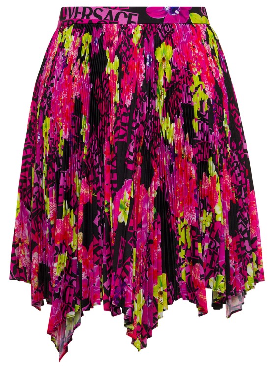 Shop Versace Multicolor Asymmetric Pleated Mini-skirt With Logo Orchid Print In Polyester In Pink