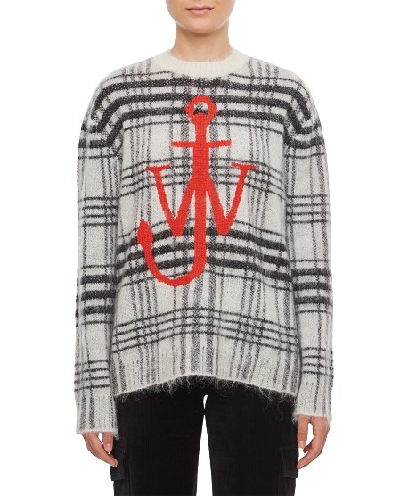 Jw Anderson Tartan Check Crewneck Jumper Top In White/black In Grey