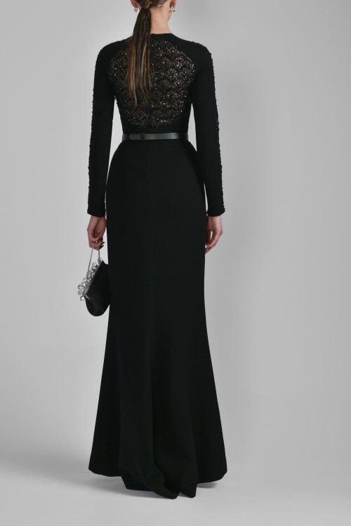 Shop Saiid Kobeisy Beaded Long Crepe Dress In Black