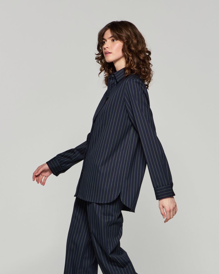 Serena Bute Wool Pinstripe Boyfriend Shirt - Black/pink In Blue