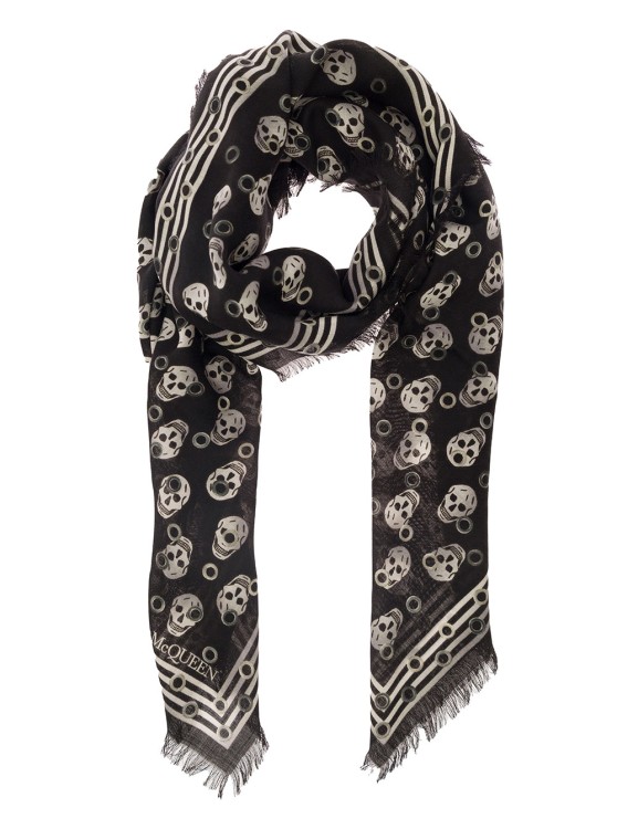 Shop Alexander Mcqueen Black Scarf With All-over Skull Print And Fringed Hem In Wool