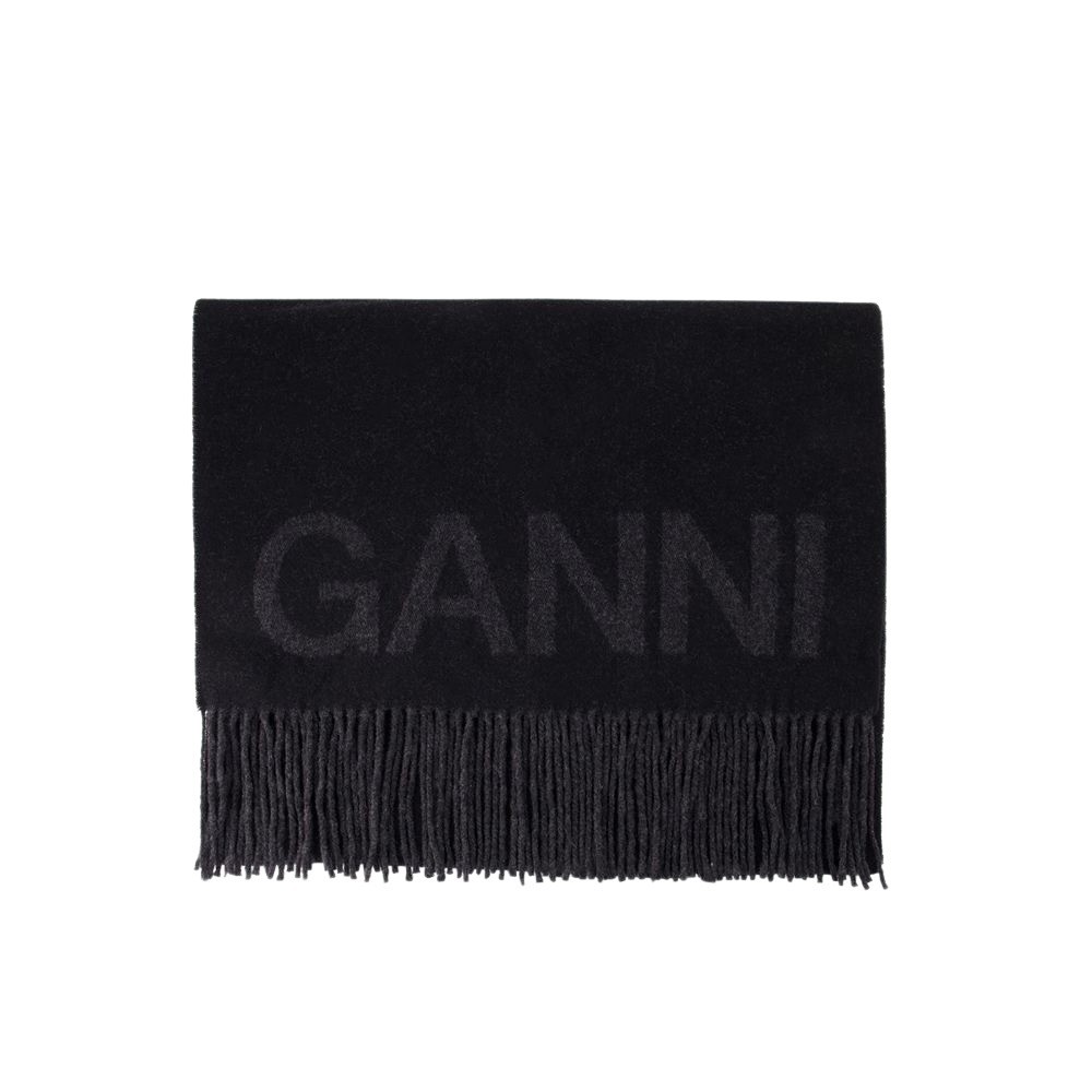 Ganni Black Recycled Wool Scarf Women In Black
