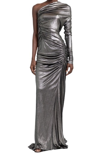 Atlein Metallic Draped Gown In Silver