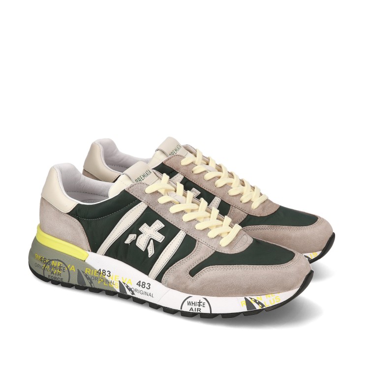 Shop Premiata Lander Sneakers In Sand Suede And Green Technical Fabric In Multicolor