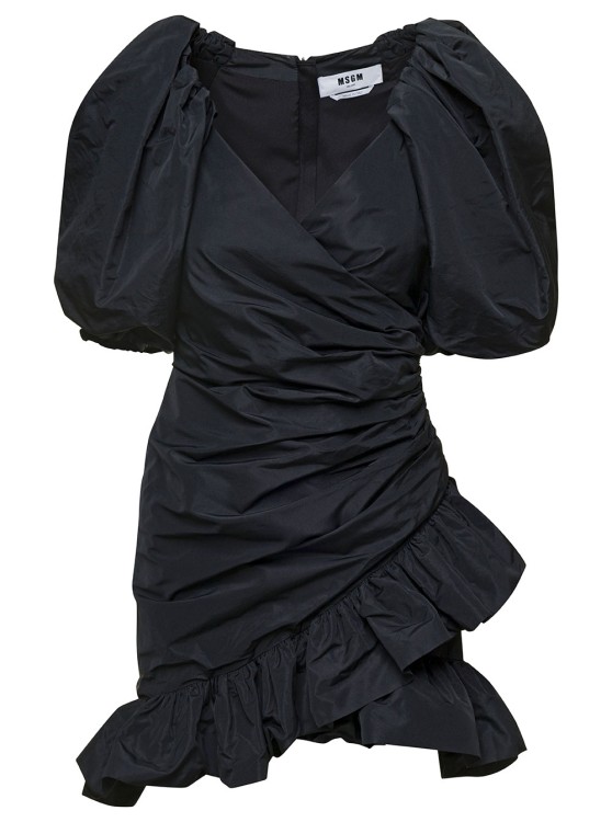Shop Msgm Mini Black Dress With Puff Sleeves And All-over Gatherings In Taffeta