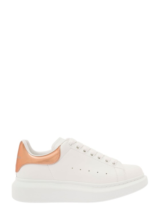 Shop Alexander Mcqueen White Oversized Sneakers With Rose Gold Vinyl Patch In Leather