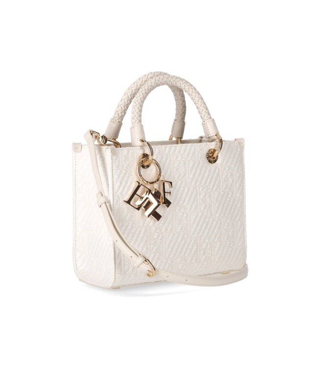 Shop Elisabetta Franchi Ivory Jacquard Raffia Small Handbag In Neutrals