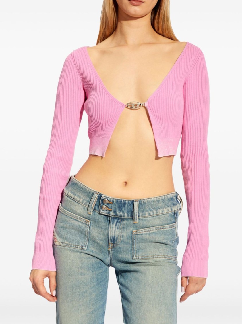 Diesel Ribbed Cropped Sweater With Iconic Closure Detail In Pink