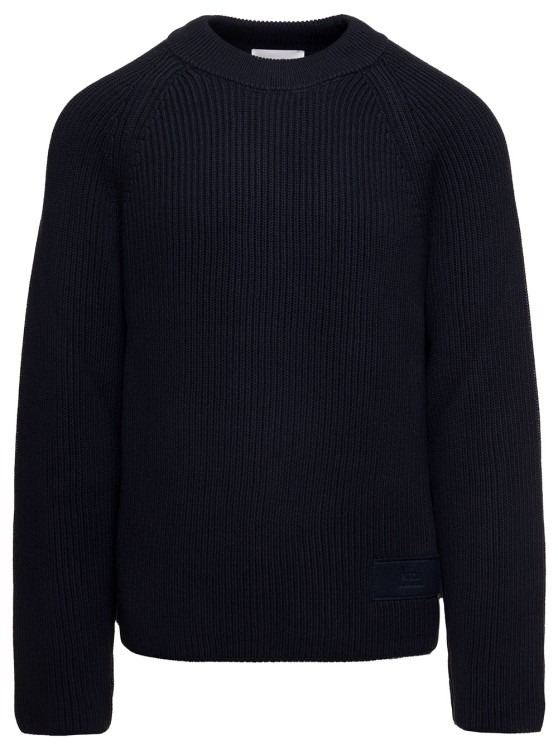 Shop Ami Alexandre Mattiussi Dark Blue Crewneck Ribbed Sweater With Tonal Logo Patch In Wool And Cotton