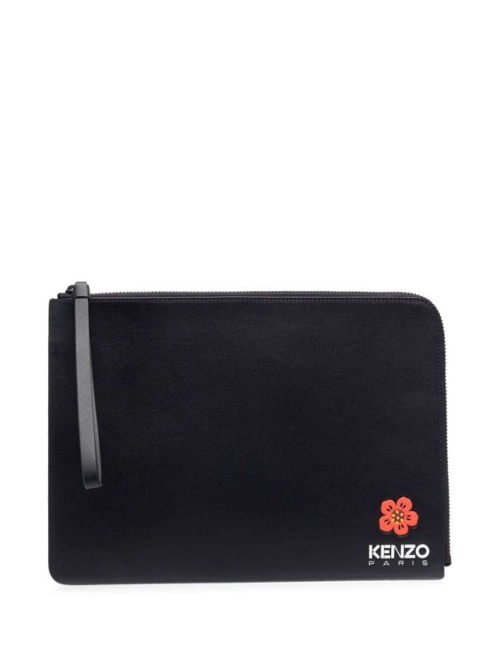 Kenzo Black Clutch Bag With Logo Patch And Wrist Strap In Leather