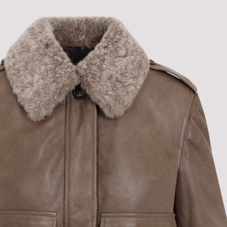 Brunello Cucinelli Leather Jacket With Shearling Collar And Ribbed Finish In Pink