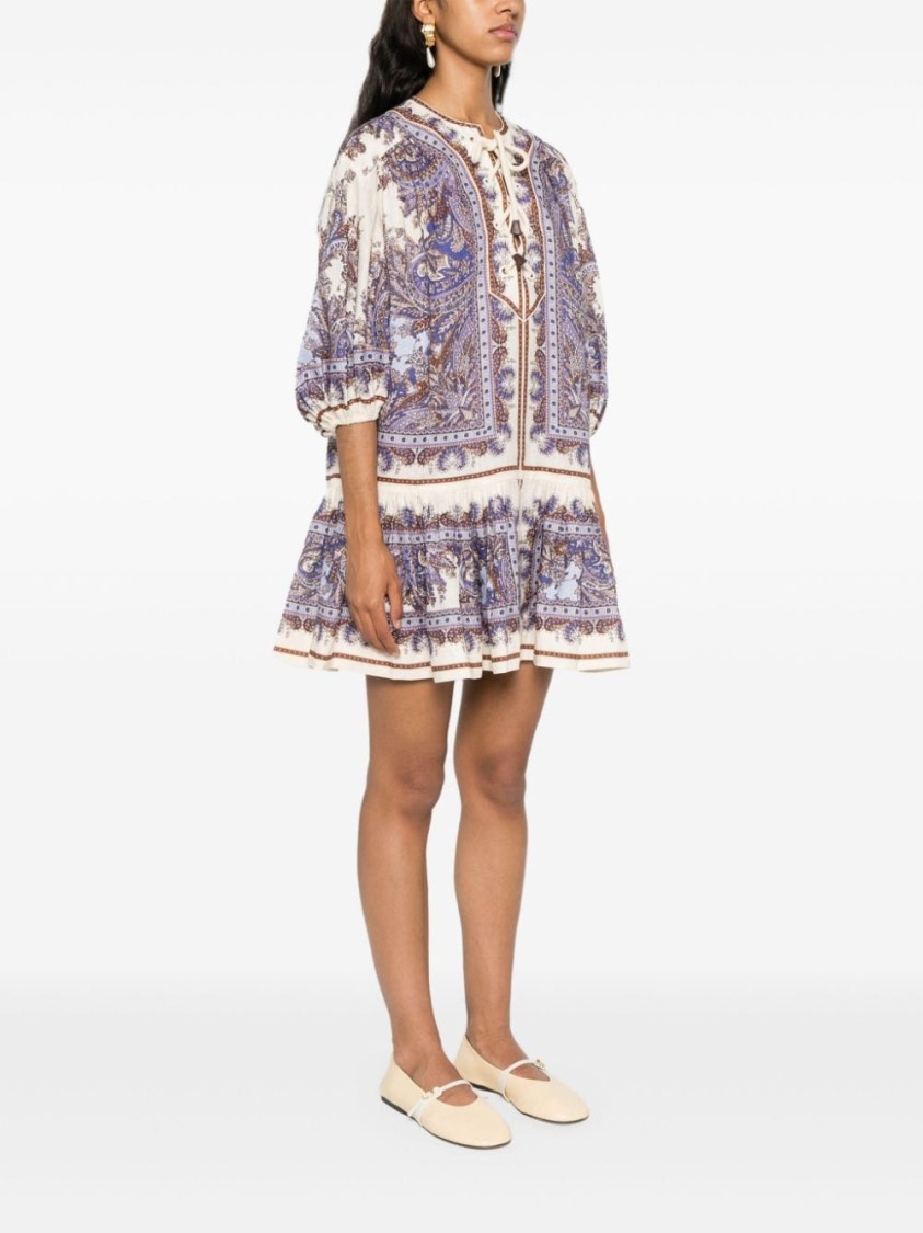 Shop Zimmermann Bohemian Mini Dress With Paisley Print And Relaxed Fit In Grey