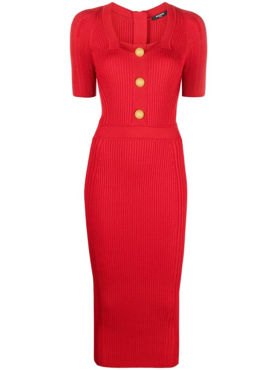 Balmain Button-embellished Ribbed-knit Dress In Red