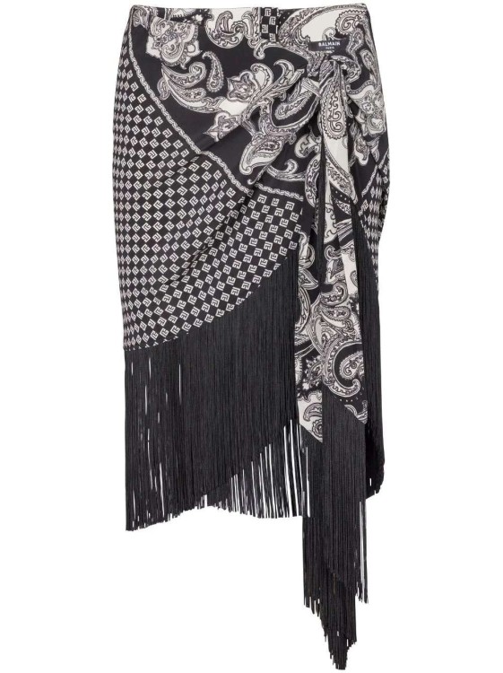 Shop Balmain Fringed Paisley-print Silk Miniskirt In Grey