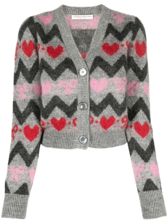 Alessandra Rich Cropped Jacquard-knit Cardigan In Grey