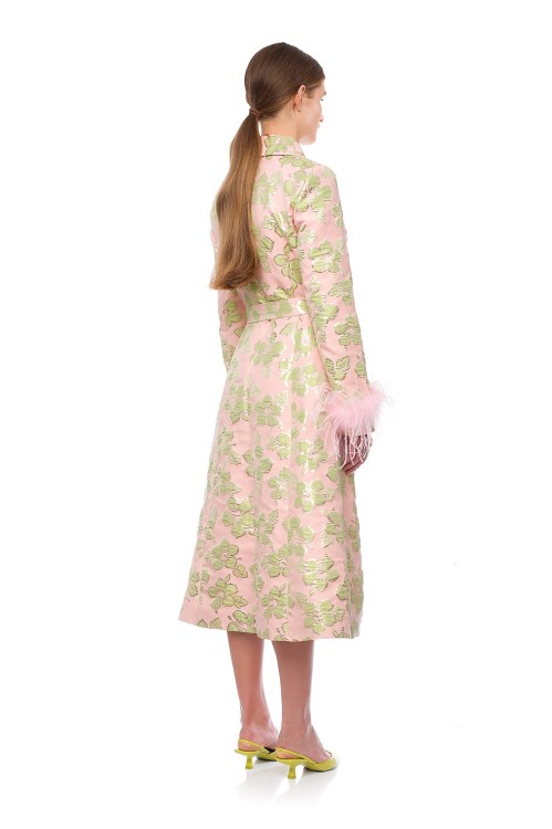 Shop Andreeva Pink Jacquard Coat With Detachable Feather Cuffs