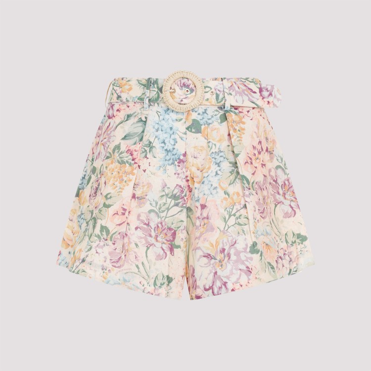 Shop Zimmermann Multi Watercolor Floral Linen Halliday Tuck Short In Neutrals