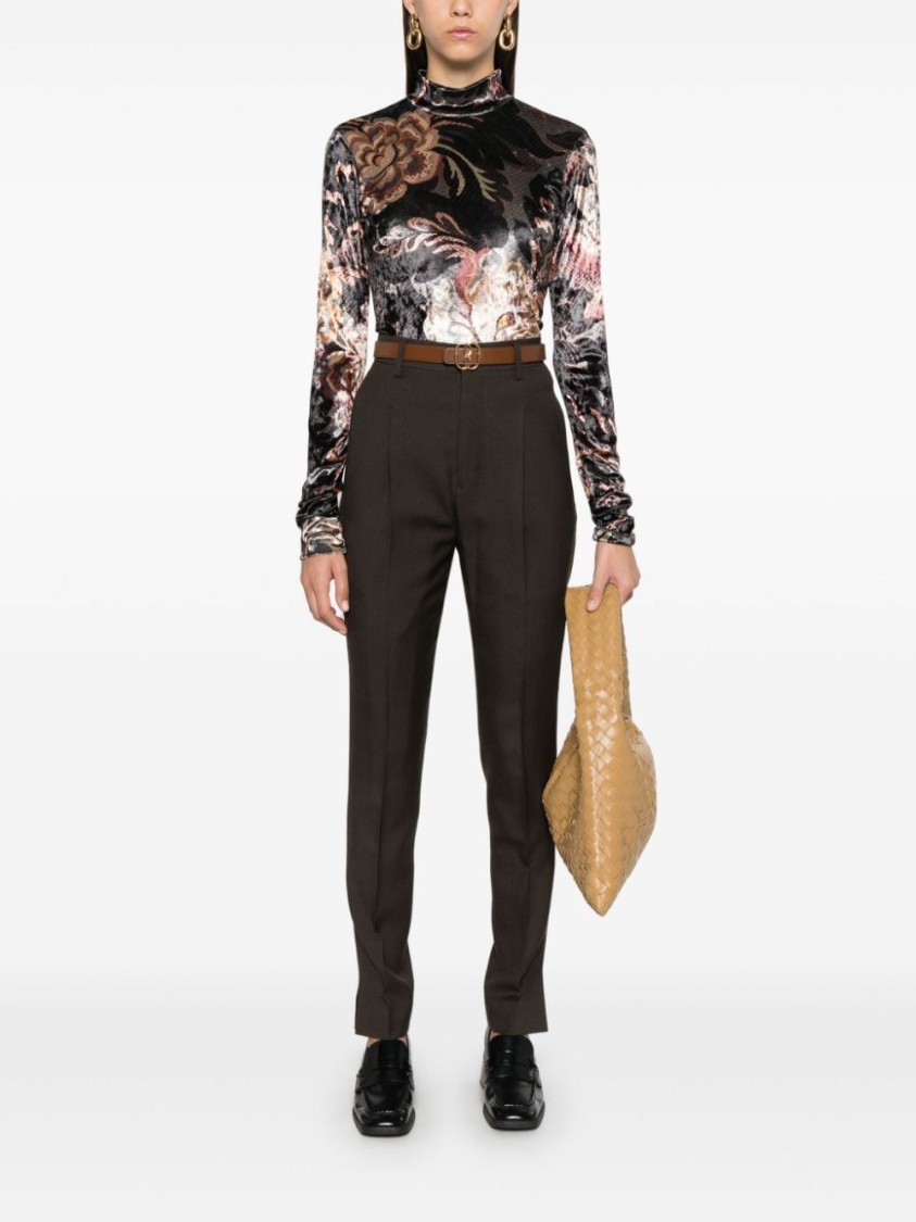 Shop Etro Elegant Velvet Floral Top With High Neck And Long Sleeves In Multicolor