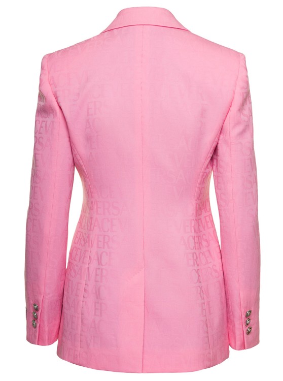 Shop Versace Pink Single-breasted Jacket With All-over Tonal Logo Lettering Print In Wool