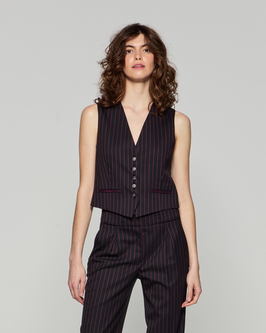 Serena Bute Wool Pinstripe Waistcoat - Black/pink In Black