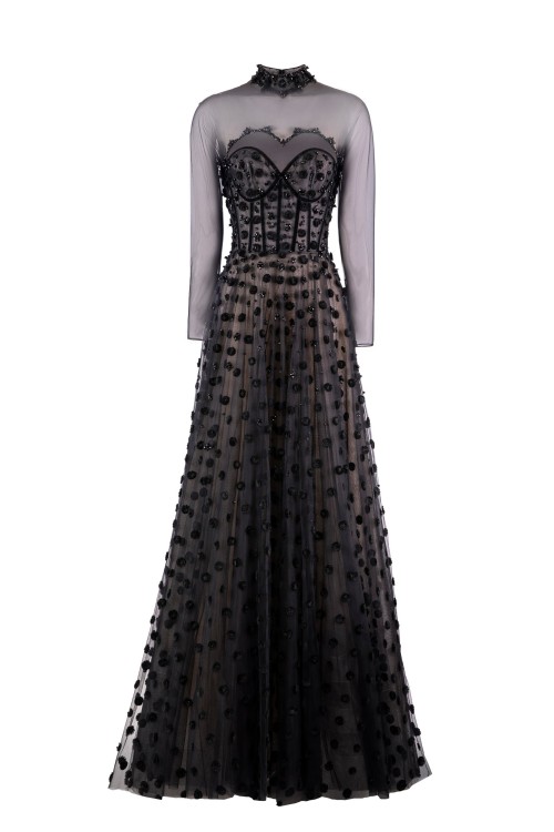 Saiid Kobeisy Beaded Tulle Dress With Polka Dots In Black