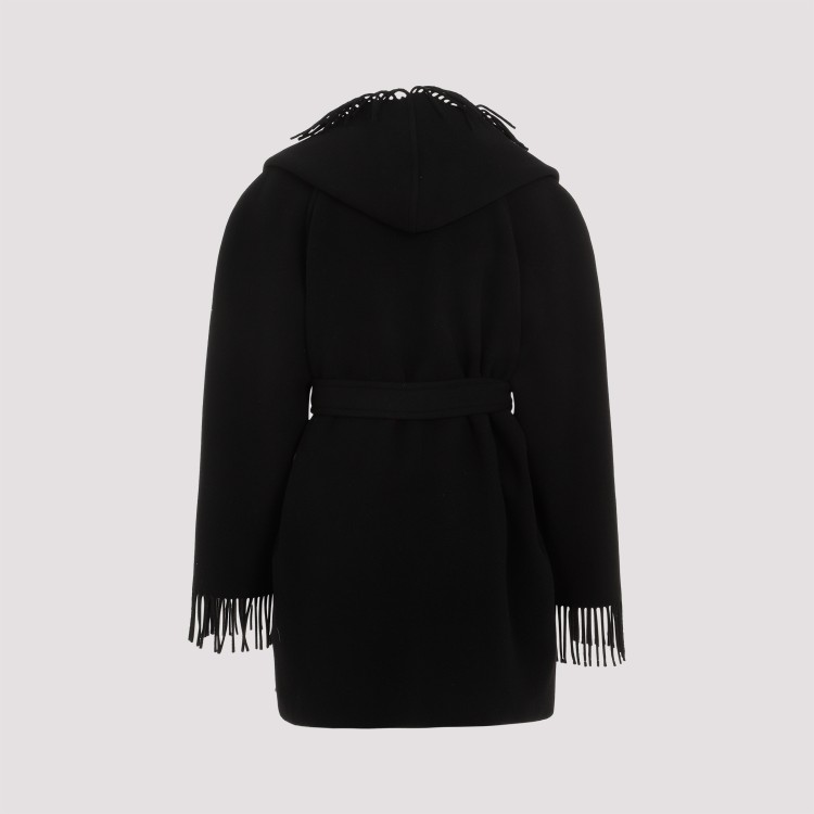 Balenciaga Hooded Fringe Oversized Self-tie Wool Jacket In Black