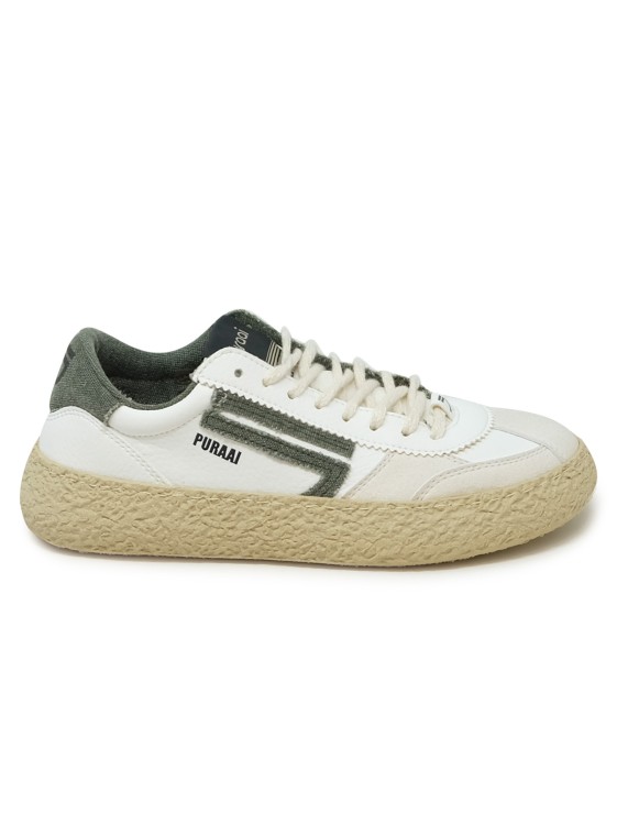 Shop Puraai Classic White And Green Vegan Leather Sneakers In Grey