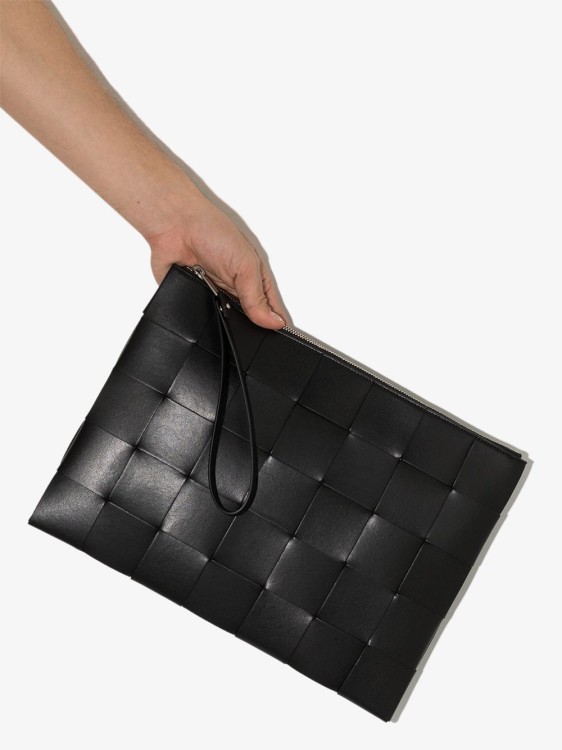 Shop Bottega Veneta Black Leather Large Intrecciato Zipped Clutch