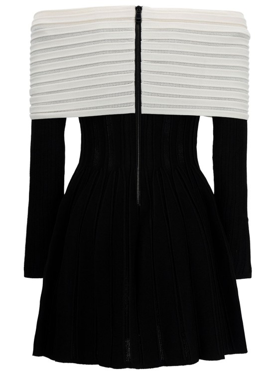 Shop Balmain Mini Black Dress With Off-the-shoulder Bow Neckline In Textured Knit