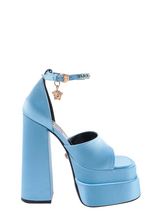 Shop Versace Satin Sandals With Medusa Charm In Blue