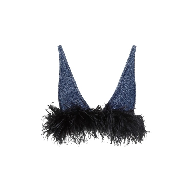 Shop Miu Miu Blue And Black Cotton Top With Feathers
