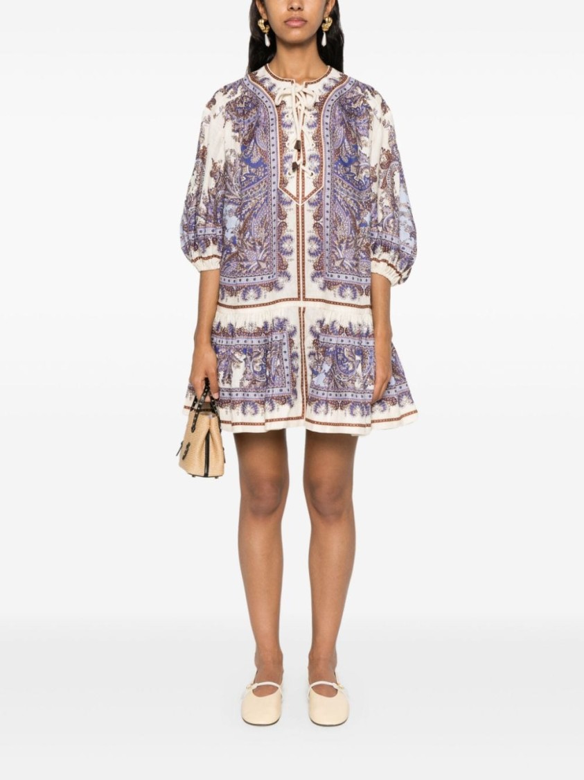 Shop Zimmermann Bohemian Mini Dress With Paisley Print And Relaxed Fit In Grey