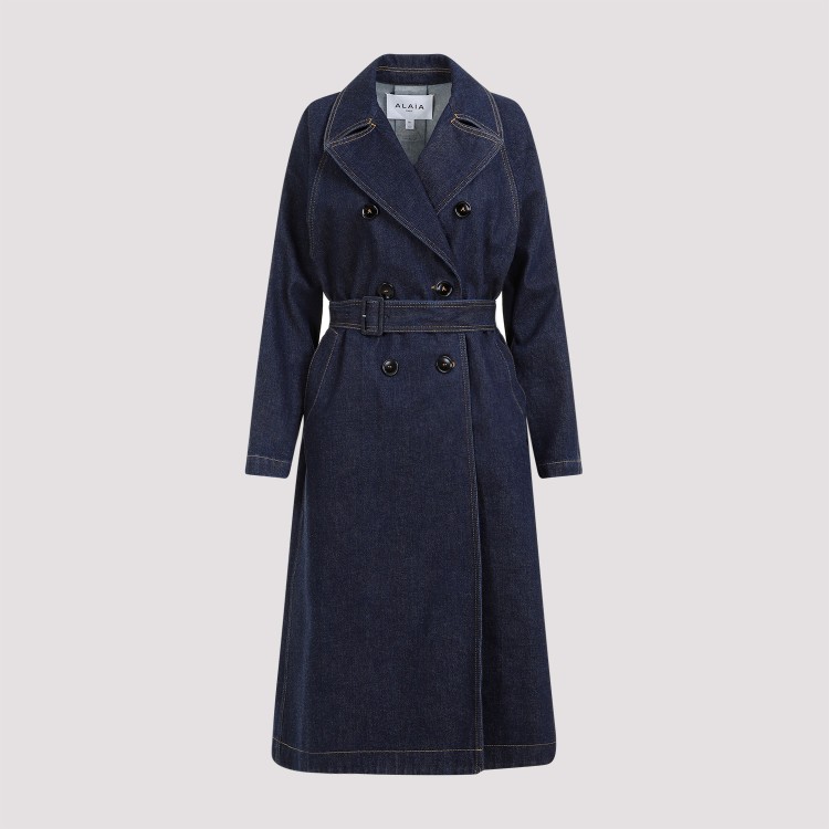 Shop Alaïa Belted Brut Denim Blue Cotton Coat In Black