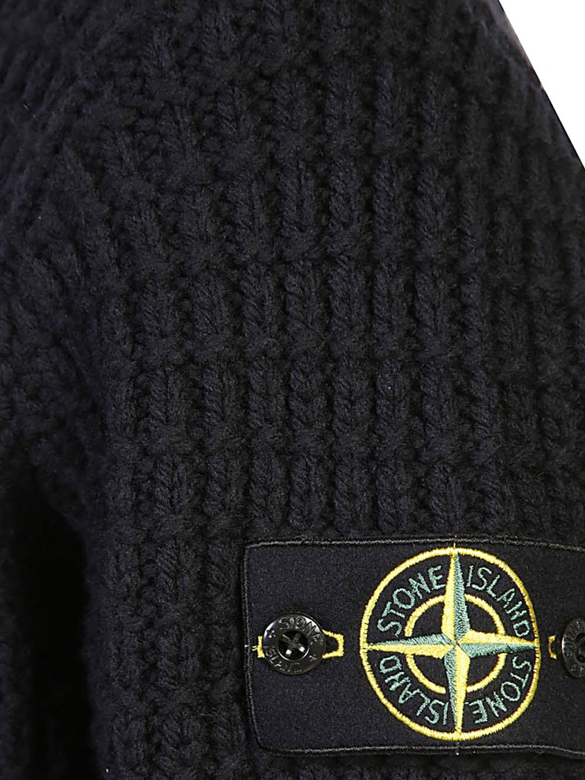 Stone Island Ribbed Texture Black Crew Neck Sweater In Black