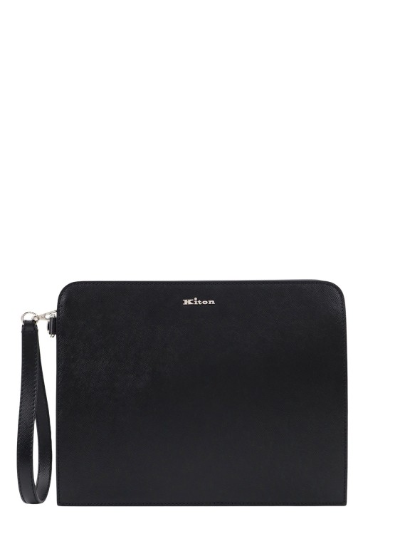 Shop Kiton Leather Clutch With Metal Logo In Black