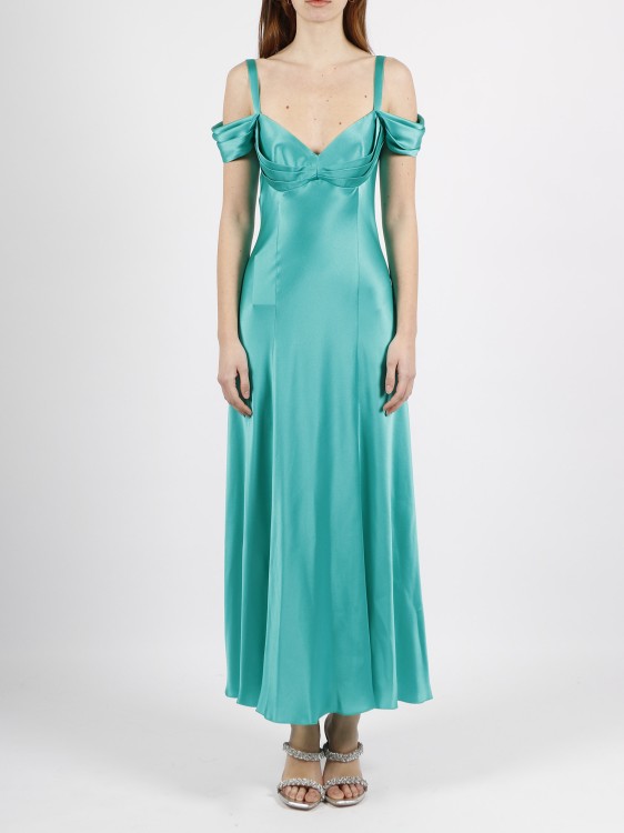 Shop Alberta Ferretti Off The Shoulder Satin Dress In Green