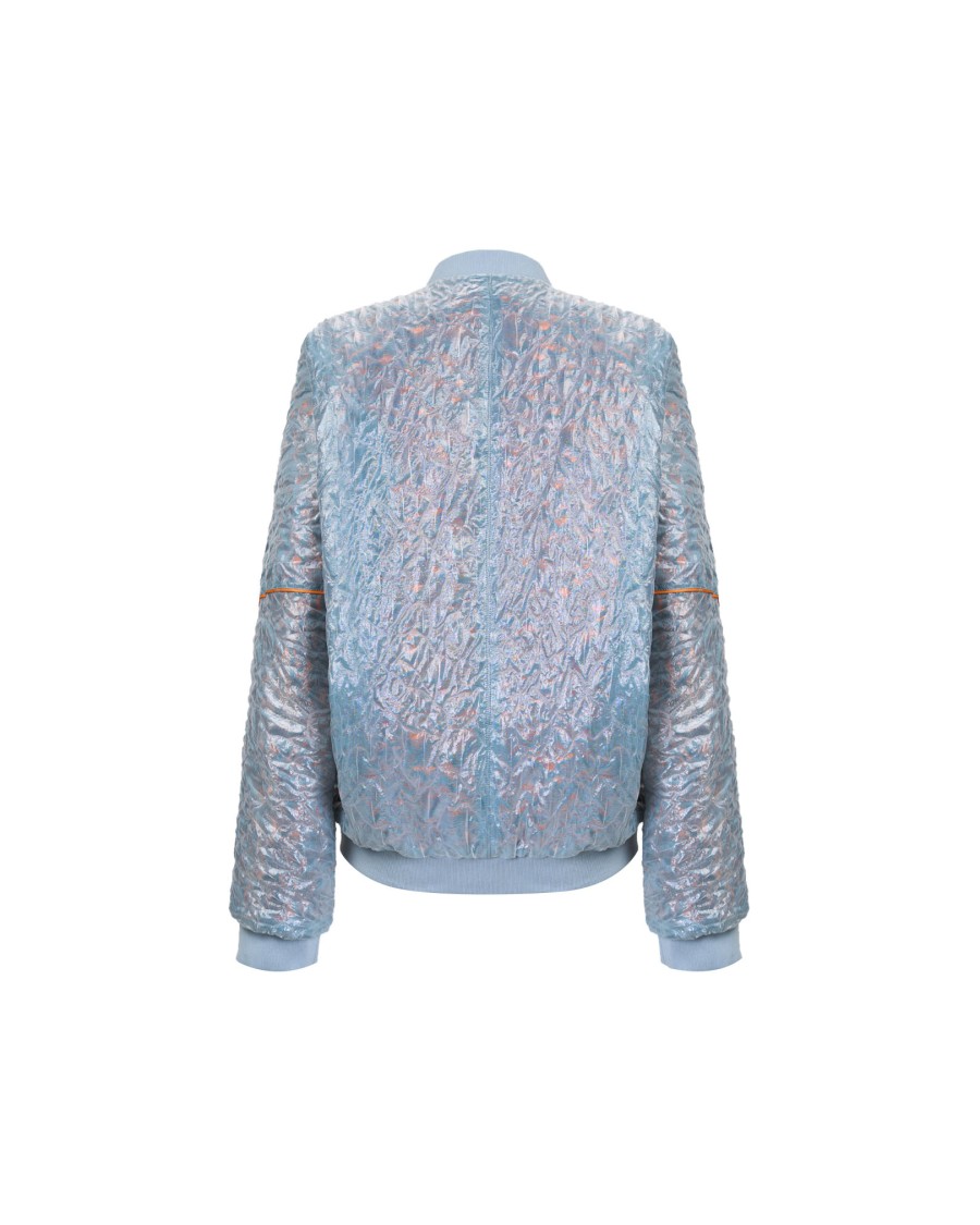 Takaturna Kinetic Bomber Jacket With Reversible Design And Elegant Rose Gold Zip In Blue