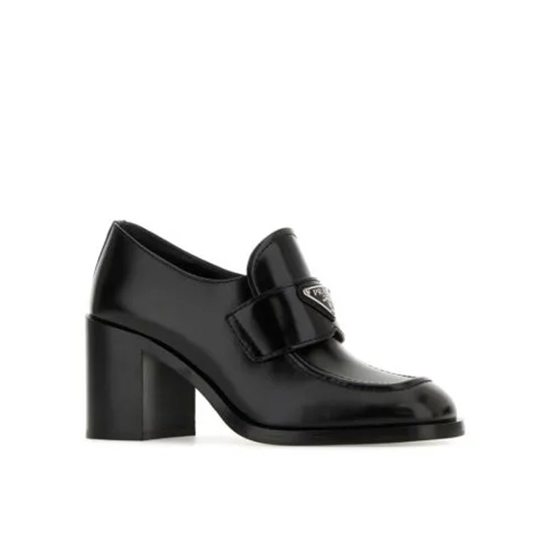Shop Prada Leather Logo Loafers In Black