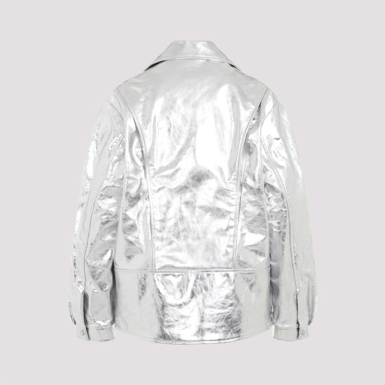 Shop Simone Rocha Puff Sleeves Silver Lamb Leather Biker Jacket