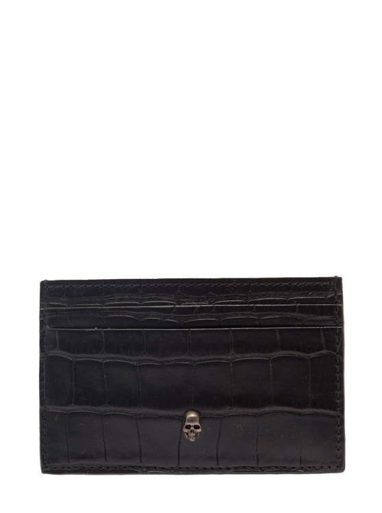 Alexander Mcqueen Black Card-holder With Mini Skull Patch In Croco Embossed Leather In Gray