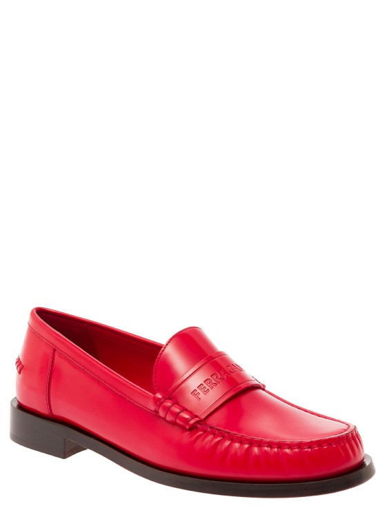 Shop Ferragamo Red Loafers With Embossed Logo In Smooth Leather