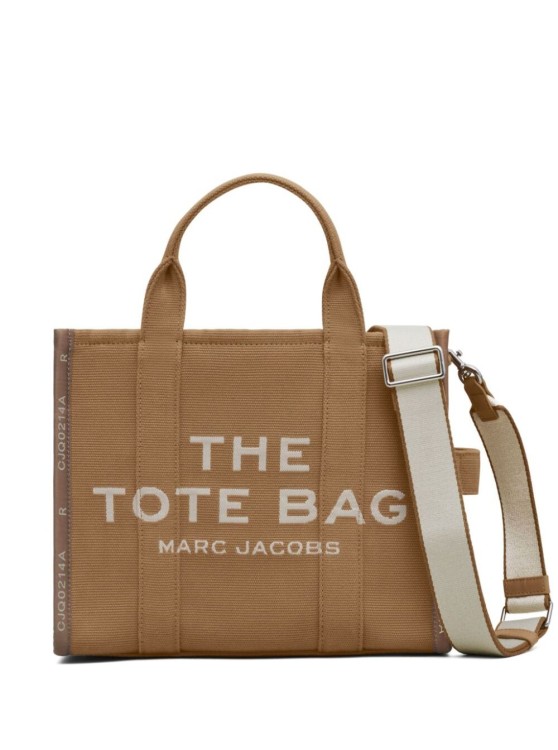 Shop Marc Jacobs Small Tote' Beige Tote With Contrasting Logo Embroidery In Cotton And Polyester In Brown