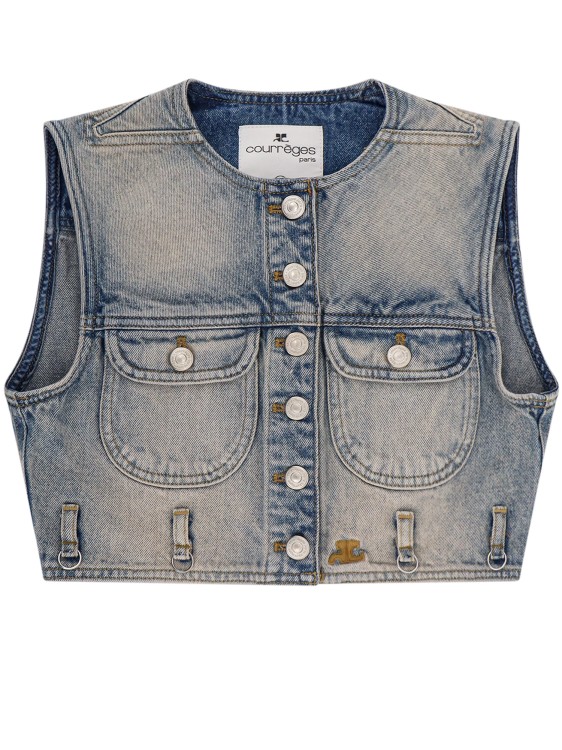 Shop Courrèges Denim Vest With Embroidered Logo On The Bottom In Blue