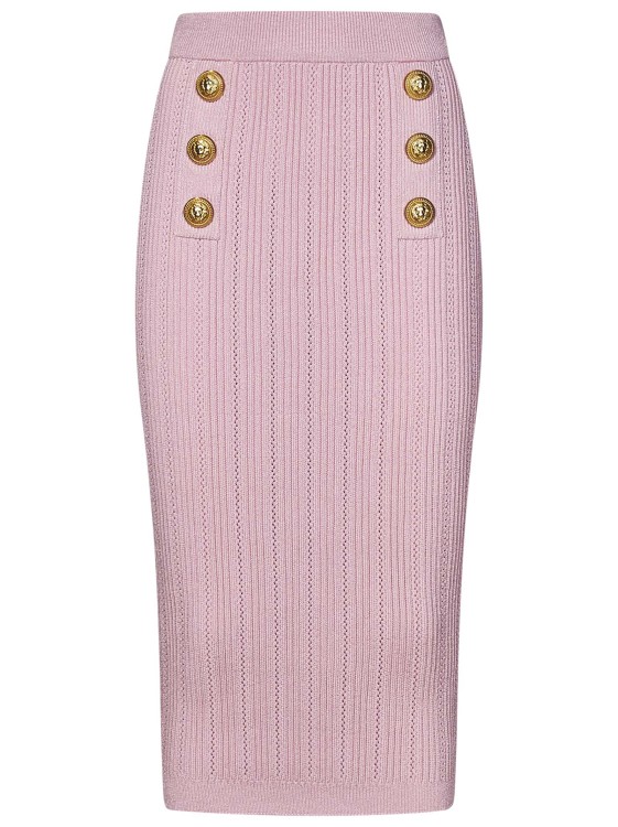Shop Balmain Pink Ribbed Viscose Blend Knit Midi Skirt