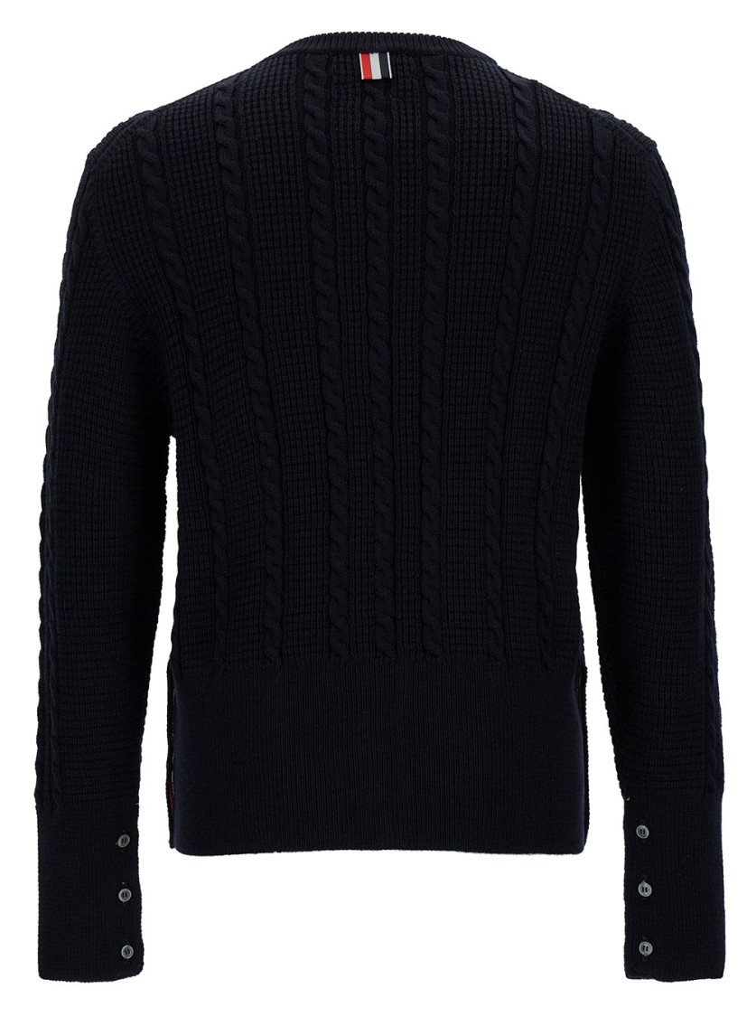 Shop Thom Browne Blue Crewneck Cable Knit Sweater With Rwb Stripe Detail In Wool