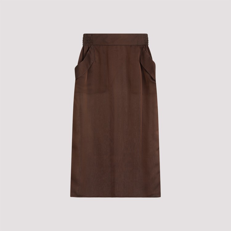 Saint Laurent Sheer Silk Midi Skirt With Elastic Waistband In Brown