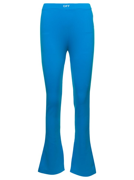 Shop Off-white Light Blue Flared Leggings With Contrasting Logo Print In Stretch Polyamide