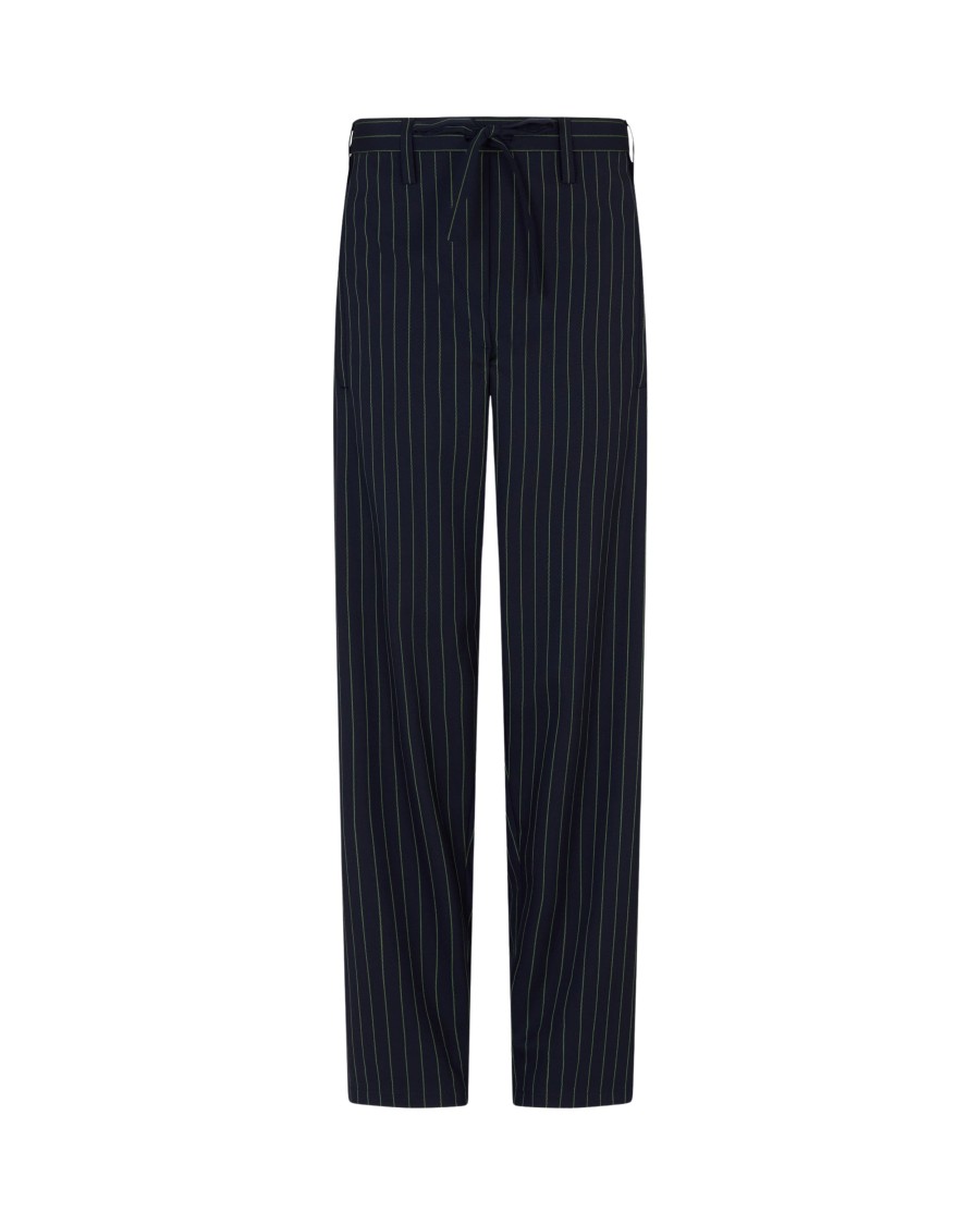 Shop Serena Bute Wool Pinstripe Utility Trouser - Navy/green In Blue